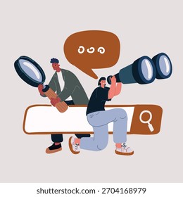 Ilustración vectorial de dibujos animados de búsqueda de Web, SEO, concepto de marketing en Internet. Personas Clientes, usuarios navegando consulta en línea, buscando información en la barra, navegando por la red.