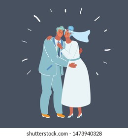 Cartoon vector illustration of Wedding couple kiss. Newlywed. Human characters on dark background.