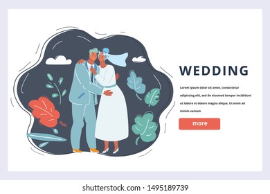 Cartoon vector illustration of Wedding couple. Horizontal banner.