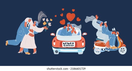 Cartoon vector illustration of wedding couple dance together, ride in car or scooter. Honey moon and Newly Married concept over dark backround