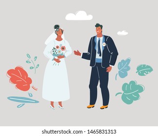 Cartoon vector illustration of wedding couples. Bride and groom on white background.