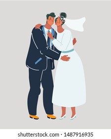 Cartoon vector illustration of wedding couples are kisses. bride and groom.