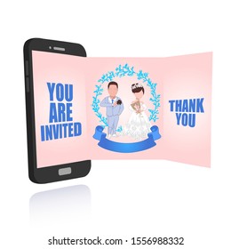 Cartoon vector illustration of a wedding invitation with a picture of a bride coming out of the smartphone monitor screen, illustrating an e invitation or a wedding invitation application online.