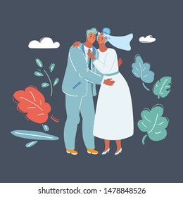 Cartoon vector illustration of wedding pair hugging on dark.