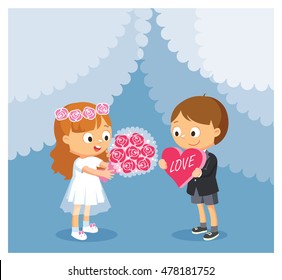 Cartoon vector illustration for wedding, Valentine's Day. Boy and girl act the bride and groom, holding bouquet of flowers and a heart-shaped chocolate box.