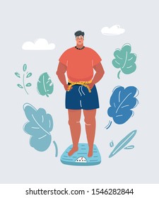 Cartoon vector illustration of Weight loss. Man stand on scale and measures him waist. Human character on white.