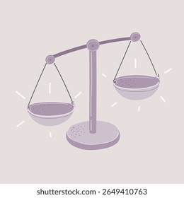 Ilustração vetorial de desenhos animados de Pesos, equilíbrio. Desequilíbrio na libra. Escalas de justiça. Equilíbrio e justiça, conceito de direito.