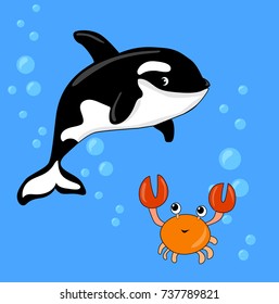 Cartoon vector illustration of whale, bubbles and crab on blue background