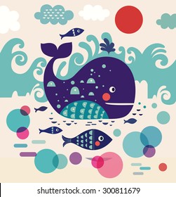 Cartoon vector illustration with whale and fish