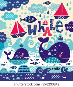 Cartoon vector illustration with whales and fish