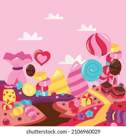 A cartoon vector illustration of whimsical cheerful pink candy land.