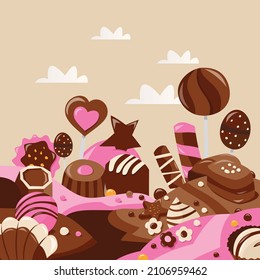 A Cartoon Vector Illustration Of Whimsical Chocolate Sweets Land.