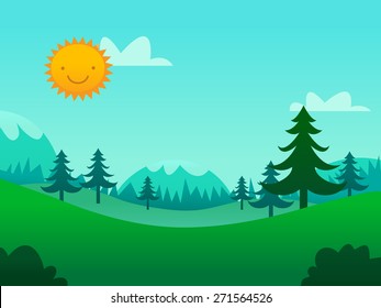 A cartoon vector illustration of whimsical forest landscape.