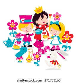 A cartoon vector illustration of a whimsical retro inspired scene from the famous storybook Alice In Wonderland in isolated background. 