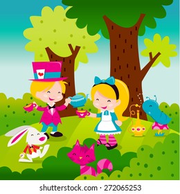 A cartoon vector illustration of a whimsical scene from the storybook Alice In Wonderland. Madhatter serving tea to Alice with other iconic characters like rabbit, cheshire cat and smoking worm.