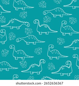 cartoon vector illustration white line dinosaur brontosaurus seamless pattern design for kids apparel fullprint fabric. This design is suitable for children's clothing textile industry