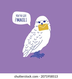 Cartoon vector illustration with white owl holding letter in claw with speech bubble. Owl mail illustration.