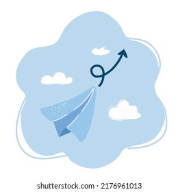Cartoon vector illustration of white paper plane on blue color background