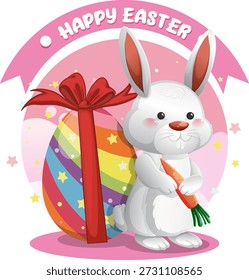Cartoon vector illustration of a white rabbit holding a carrot beside a gift-wrapped egg