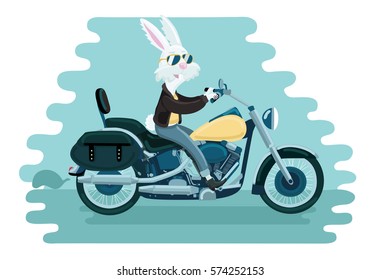 Cartoon vector illustration of white rabbit ride on a motorcycle on blue background