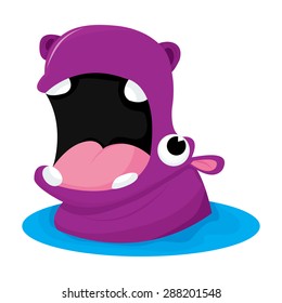 A cartoon vector illustration of a wide open mouth purple hippopotamus.