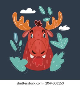 Cartoon vector illustration of wild moose head on dark backround.