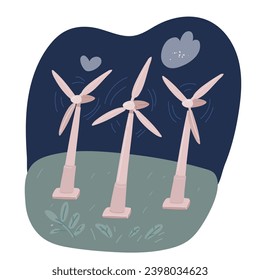 Cartoon vector illustration of Wind electro station, green energy over dark backround