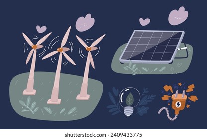 Cartoon vector illustration of Windmill Green Energy icon set, Green Energy, Clean Energy, Environmental Alternative Energy Concept. Wind mills, solar panel, electric plug