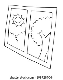 Dibujo vectorial de la ventana y el día, el sol y el árbol. Color blanco y negro delineado.