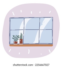 Cartoon vector illustration of window with plants