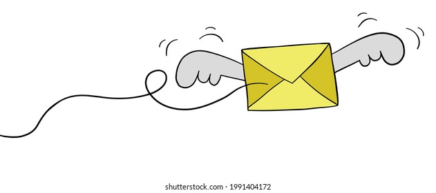 Cartoon vector illustration of winged flying envelope. Colored and black outlines.