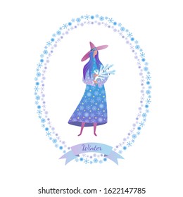 Cartoon vector illustration of Winter fairy in frame of snowflakes with type "Winter". Tender girl in a blue dress holds a pine branch