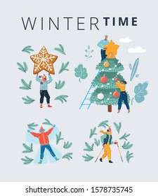 Cartoon vector illustration of Winter people. Couple making preparations prepare for Christmas, decorated tree. and winter time man and woman. Snow angels and Nordic walking.