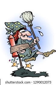 Cartoon Vector illustration of a Witch bonded to a Rocket