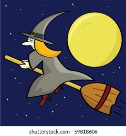 Cartoon vector illustration of a witch flying on her broom in front of a full moon