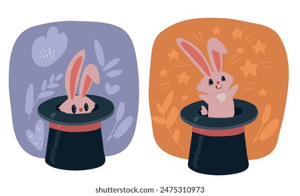 Cartoon vector illustration of Wizard conjure cylinder. Magic hat with bunny ears. Magician hat with rabbit. Circus show, abracadabra wand. Magic rabbit in hat, bunny trick