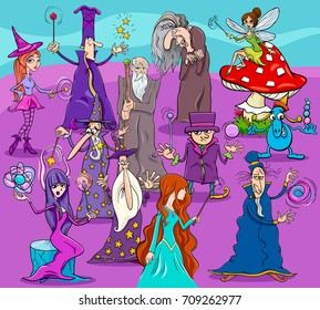 Cartoon Vector Illustration of Wizards and Witches Fantasy Characters Group