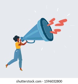 Cartoon vector illustration of woman with Afro hair with Megaphone shouting through a loudspeaker megaphone.