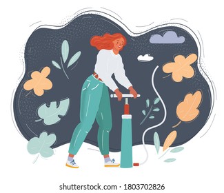 Cartoon vector illustration of woman with air pumper pressure. Pump it up concept.