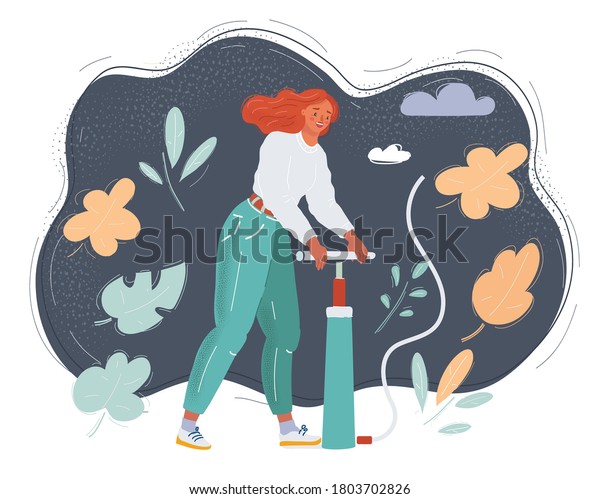 Cartoon vector illustration of woman with air\
pumper pressure. Pump it up\
concept.