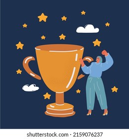 Cartoon vector illustration of Woman andTrophy cup. Champion trophy, shiny golden cup and falling confetti, sport award. Winner prize, champions, winning concept over dark backround.