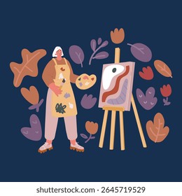 Cartoon vector illustration of woman at art studio, learning how to drawn Concentrated woman with dark hair, dressed casually, painting over dark background