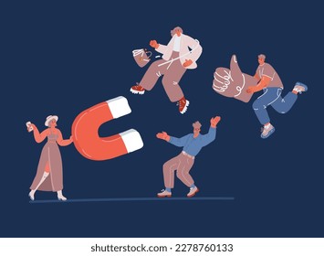 Cartoon vector illustration of Woman attracting people with magnet. Marketing concept. Smm concept over dark background