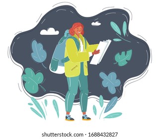 Cartoon vector illustration of woman with backpack with map in her hands. Woman on dark background.