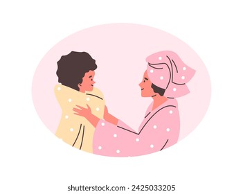 Cartoon vector illustration of woman in bath towel wrapping child after wash. Warmth of mother's care, conveying hygiene and family bonds in bathroom.