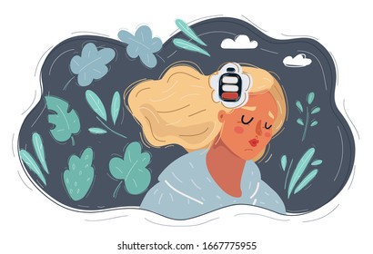 Dibujo vectorial de una mujer con batería en la cabeza sobre fondo oscuro.