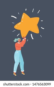 Cartoon vector illustration of woman with big star. Winner celebrate her win. Human character on dark.