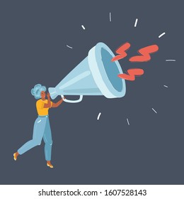 Cartoon vector illustration of woman with big Megaphone shouting through a loudspeaker megaphone on dark.