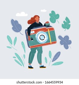 Cartoon vector illustration of woman with big photocamera. Blogger, photograph concept.