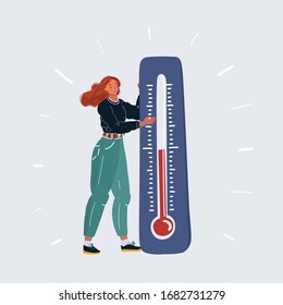 Cartoon vector illustration of woman with big thermometer in her hands. She takes measurements of the environment temperature. Human character on white background.